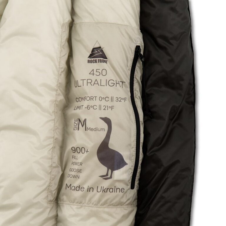 ROCK FRONT 450 Ultralight three season down sleeping bag inside pocket